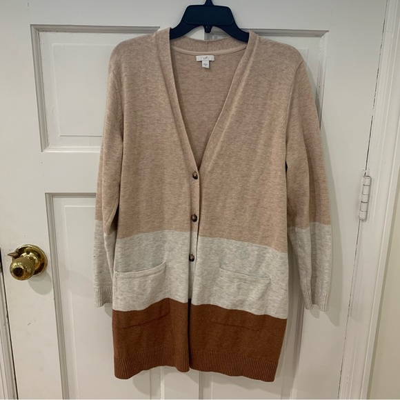 J. Jill Neutral Color Block Long Line Button Front Cardigan Sweater Size Medium - Picture 1 of 11